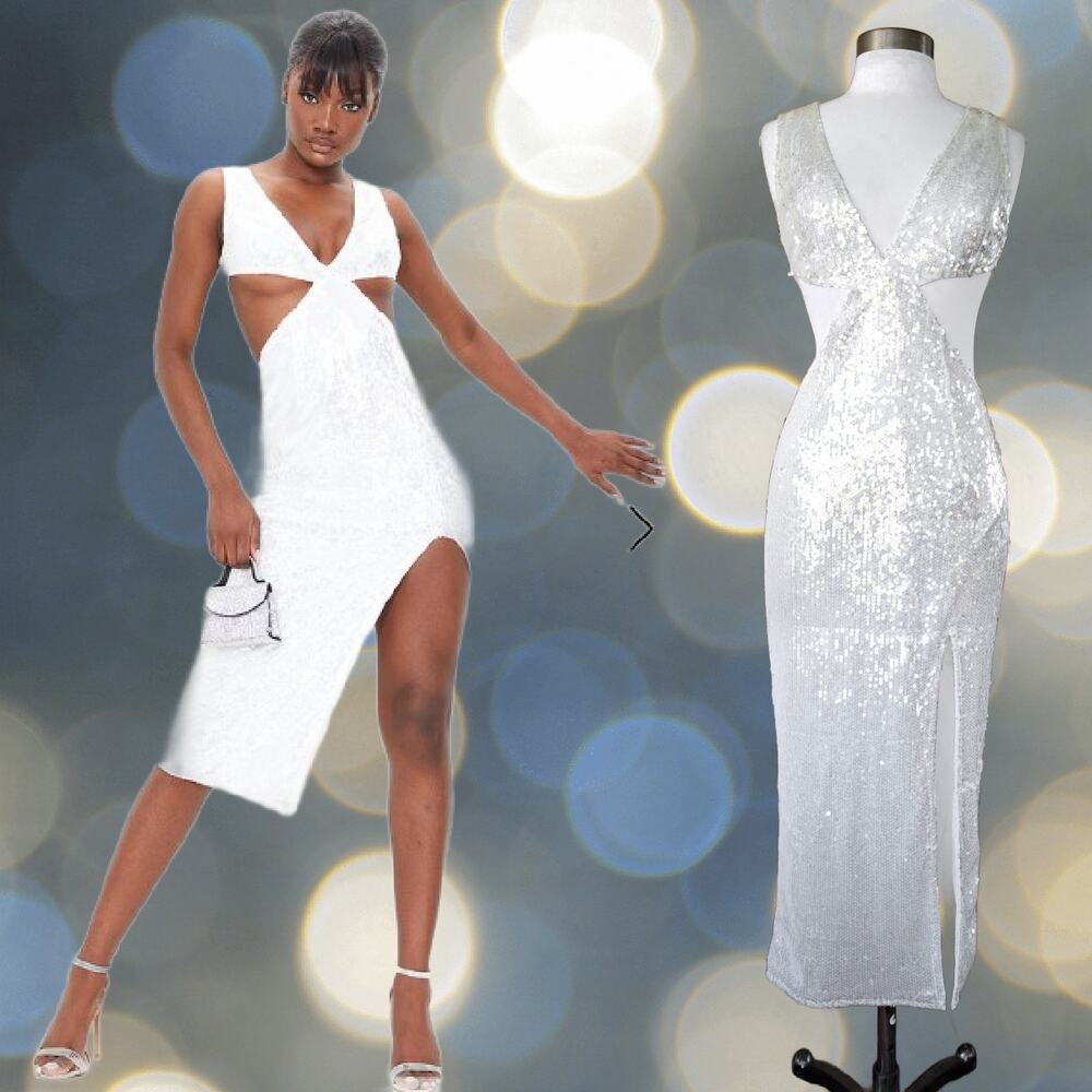 NEW Pretty Little Thing Tall White Sequin Cut Out Midi Dress 6 Sexy Party Prom